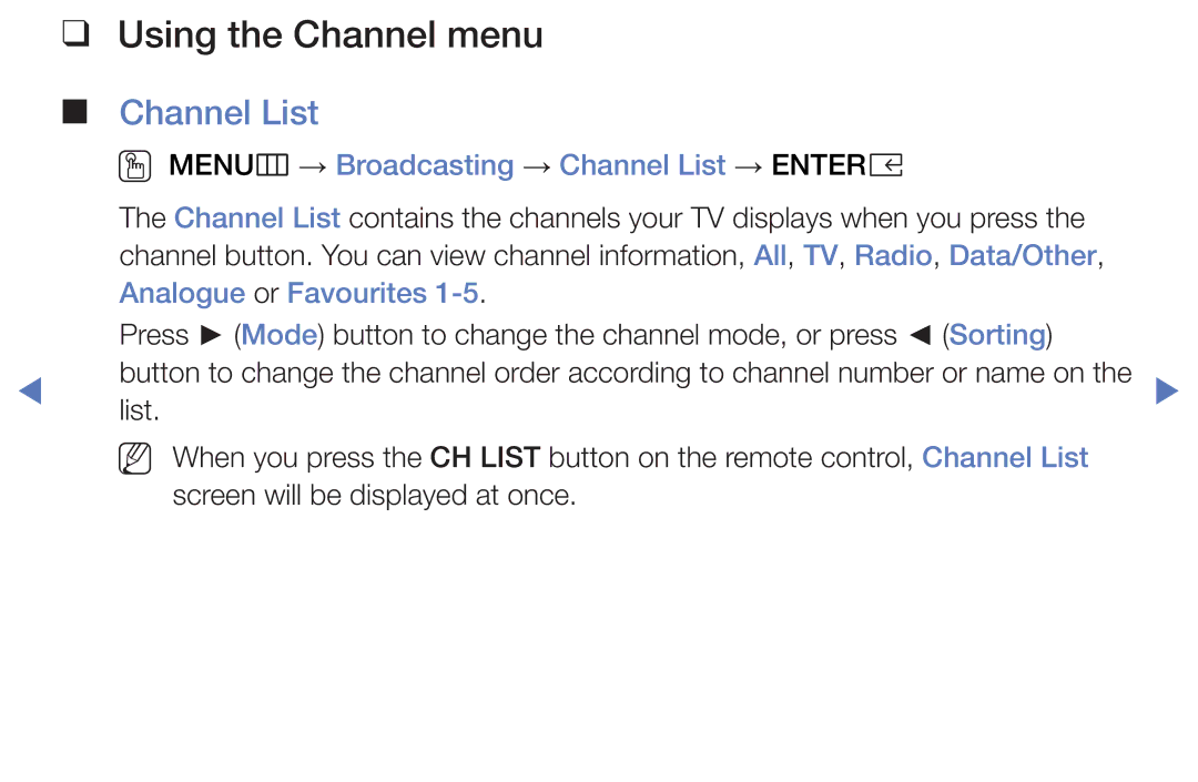 Samsung UE32K5105AKXXE, UE40K5100AKXZT manual Using the Channel menu, OO MENUm → Broadcasting → Channel List → Entere 