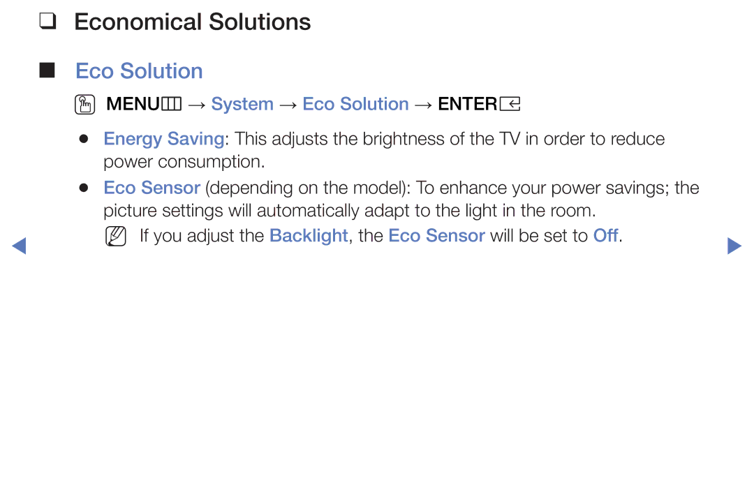 Samsung UE32K5100AKXXU, UE40K5100AKXZT, UE32K4100AKXZT Economical Solutions, OO MENUm → System → Eco Solution → Entere 