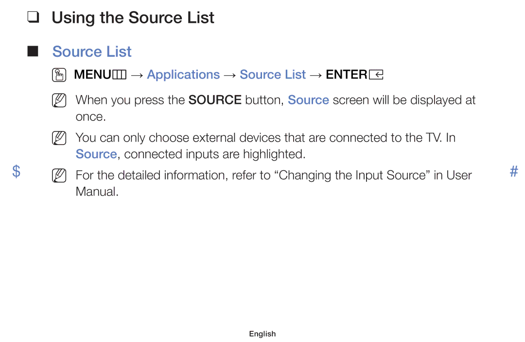 Samsung UE49K5100AKXXU, UE40K5100AKXZT manual Using the Source List, OO MENUm → Applications → Source List → Entere 