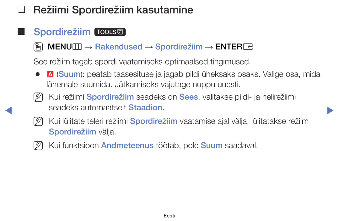 Samsung UE32K5102AKXBT Režiimi Spordirežiim kasutamine, Spordirežiim t, OO MENUm → Rakendused → Spordirežiim → Entere 