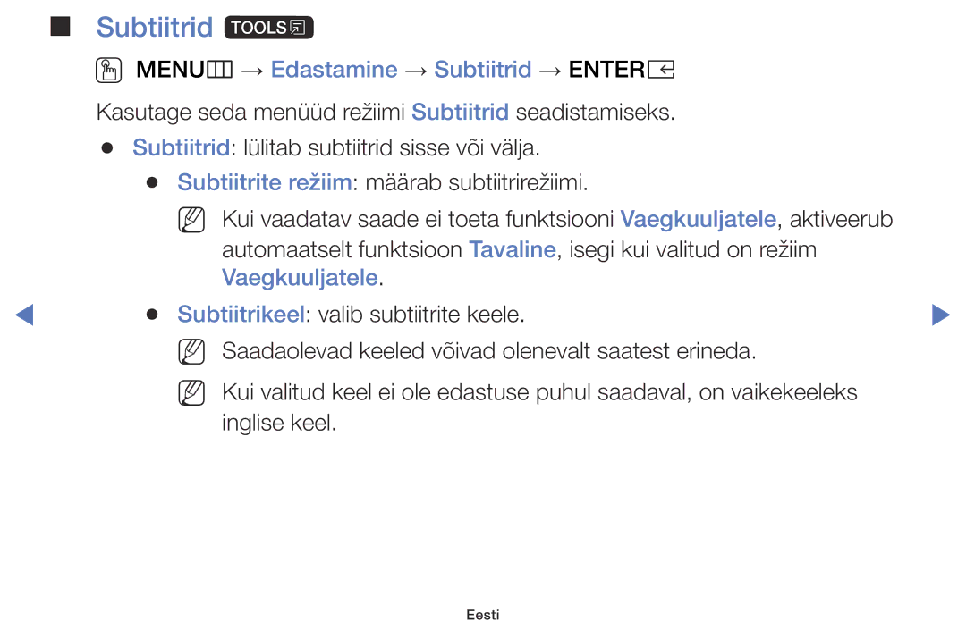 Samsung UE32K5102AKXBT, UE40K5102AKXBT manual Subtiitrid t, OO MENUm → Edastamine → Subtiitrid → Entere, Vaegkuuljatele 