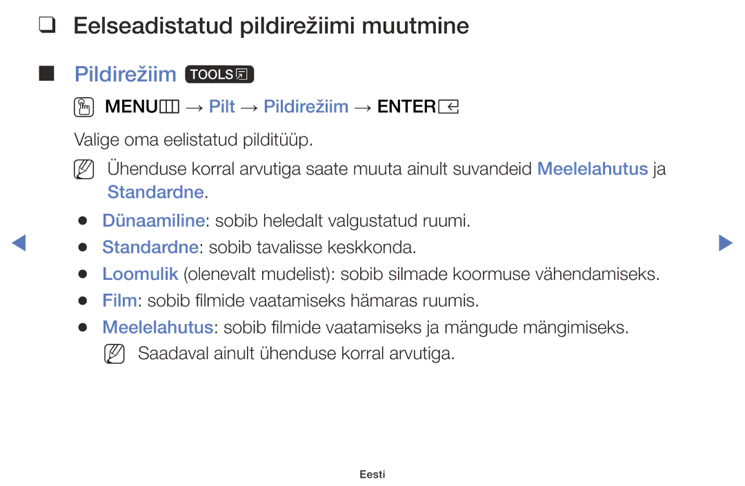 Samsung UE40K5102AKXBT manual Eelseadistatud pildirežiimi muutmine, Pildirežiim t, OO MENUm → Pilt → Pildirežiim → Entere 