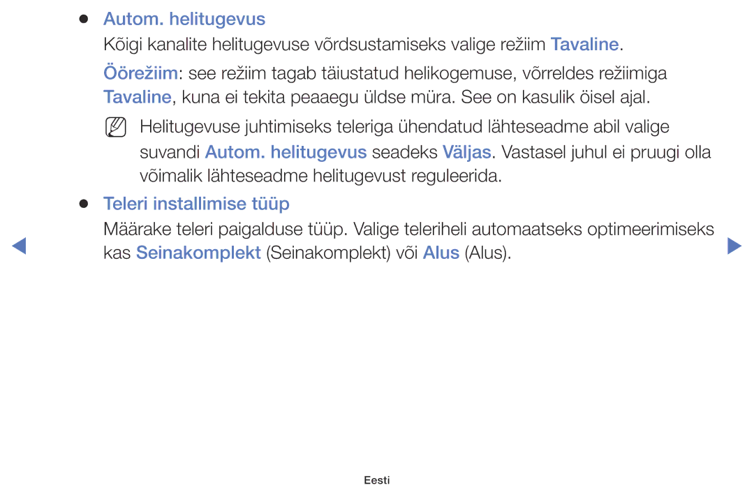 Samsung UE32K5102AKXBT, UE40K5102AKXBT, UE49K5102AKXBT manual Autom. helitugevus, Teleri installimise tüüp 