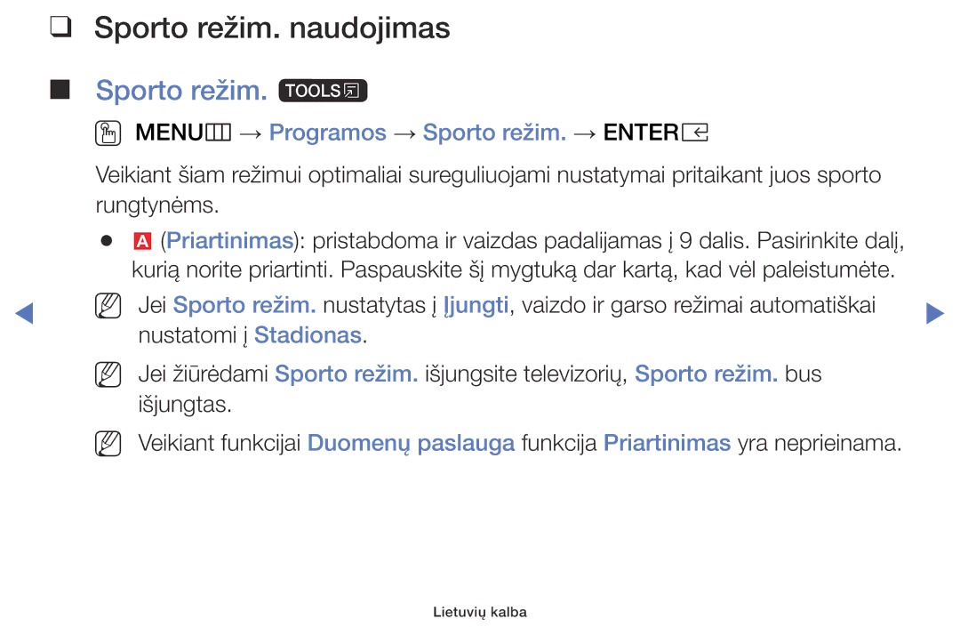 Samsung UE32K5102AKXBT manual Sporto režim. naudojimas, Sporto režim. t, OO MENUm → Programos → Sporto režim. → Entere 