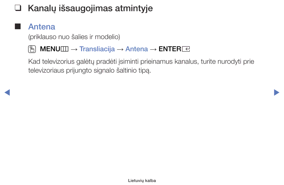 Samsung UE49K5102AKXBT, UE40K5102AKXBT manual Kanalų išsaugojimas atmintyje, OO MENUm → Transliacija → Antena → Entere 