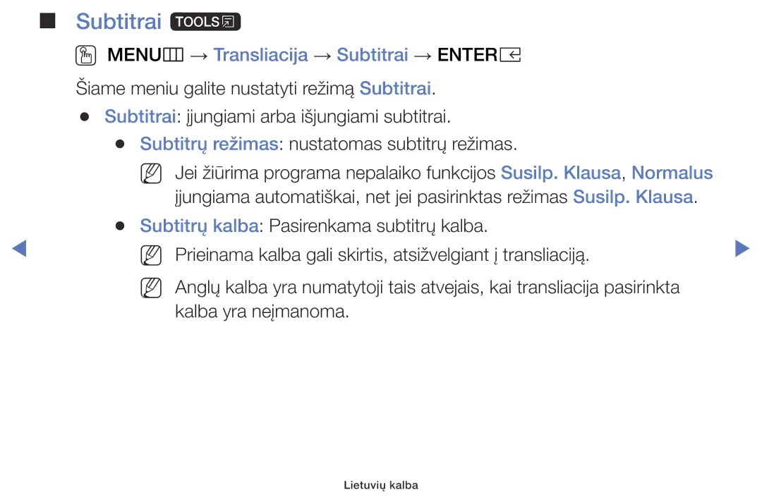 Samsung UE32K5102AKXBT, UE40K5102AKXBT, UE49K5102AKXBT manual Subtitrai t, OO MENUm → Transliacija → Subtitrai → Entere 