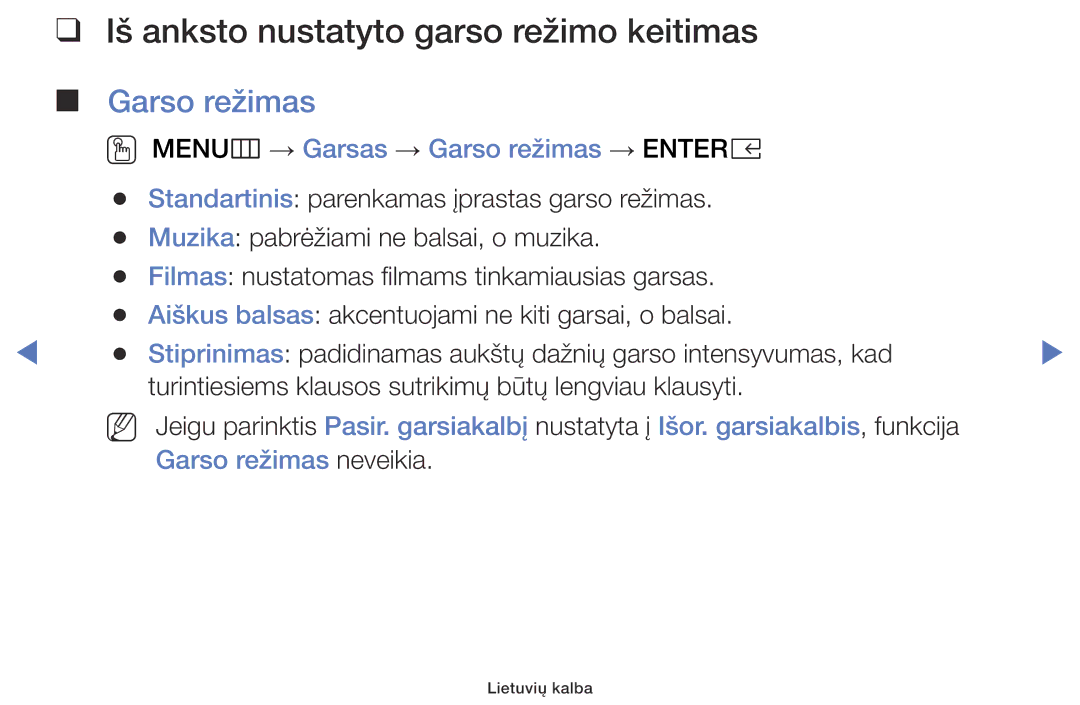 Samsung UE40K5102AKXBT, UE32K5102AKXBT, UE49K5102AKXBT manual Iš anksto nustatyto garso režimo keitimas, Garso režimas 