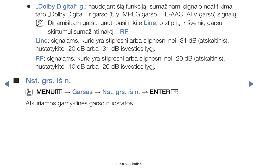 Samsung UE32K5102AKXBT, UE40K5102AKXBT, UE49K5102AKXBT manual OO MENUm → Garsas → Nst. grs. iš n. → Entere 