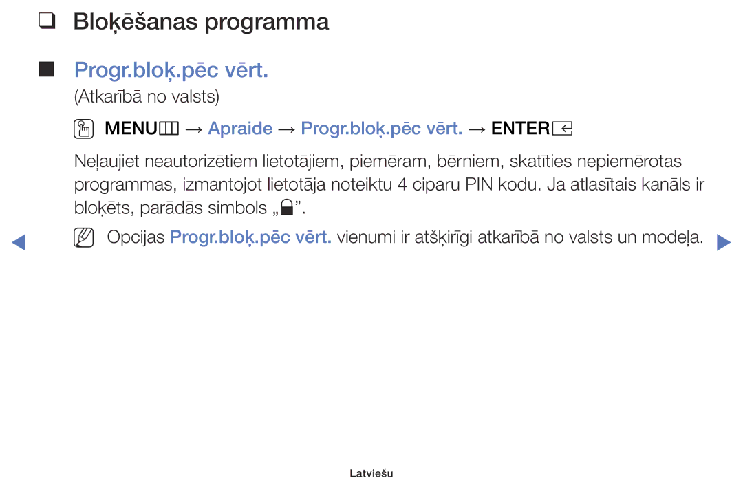 Samsung UE40K5102AKXBT, UE32K5102AKXBT manual Bloķēšanas programma, OO MENUm → Apraide → Progr.bloķ.pēc vērt. → Entere 