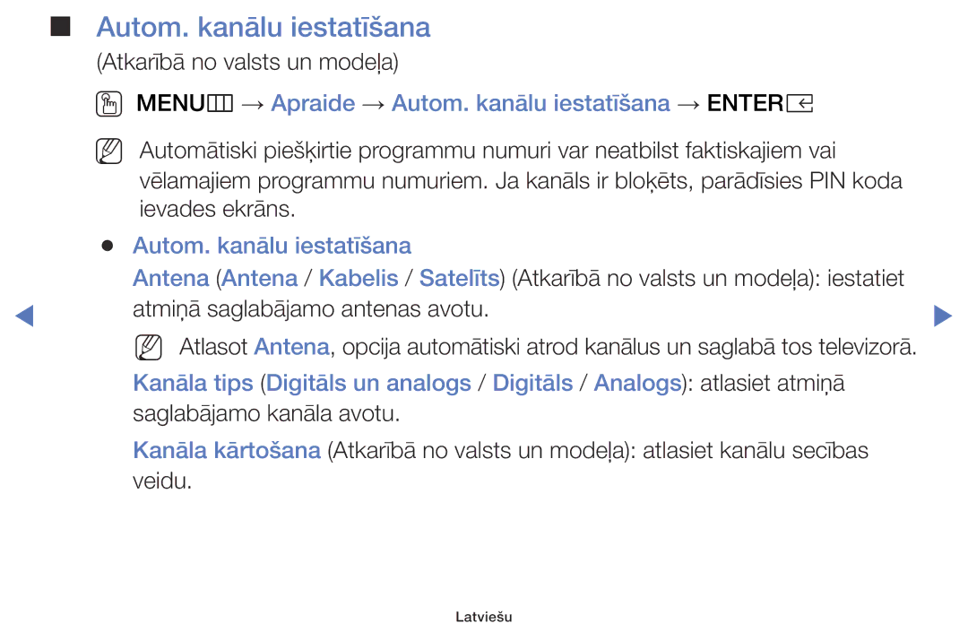 Samsung UE40K5102AKXBT, UE32K5102AKXBT, UE49K5102AKXBT manual OO MENUm → Apraide → Autom. kanālu iestatīšana → Entere 