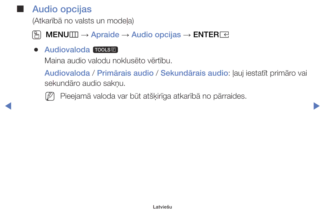 Samsung UE40K5102AKXBT, UE32K5102AKXBT, UE49K5102AKXBT manual OO MENUm → Apraide → Audio opcijas → Entere Audiovaloda t 