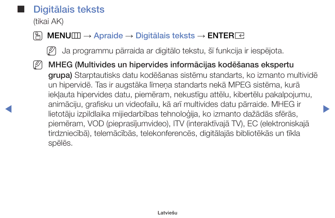 Samsung UE40K5102AKXBT, UE32K5102AKXBT, UE49K5102AKXBT manual OO MENUm → Apraide → Digitālais teksts → Entere 