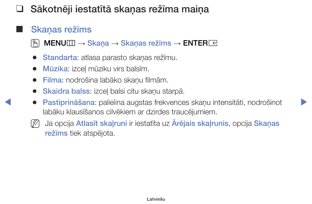Samsung UE40K5102AKXBT manual Sākotnēji iestatītā skaņas režīma maiņa, OO MENUm → Skaņa → Skaņas režīms → Entere 