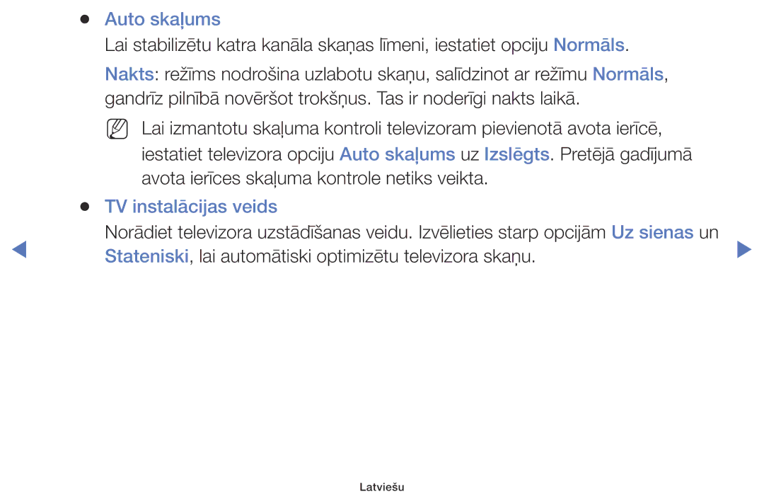 Samsung UE32K5102AKXBT, UE40K5102AKXBT, UE49K5102AKXBT manual Auto skaļums, TV instalācijas veids 