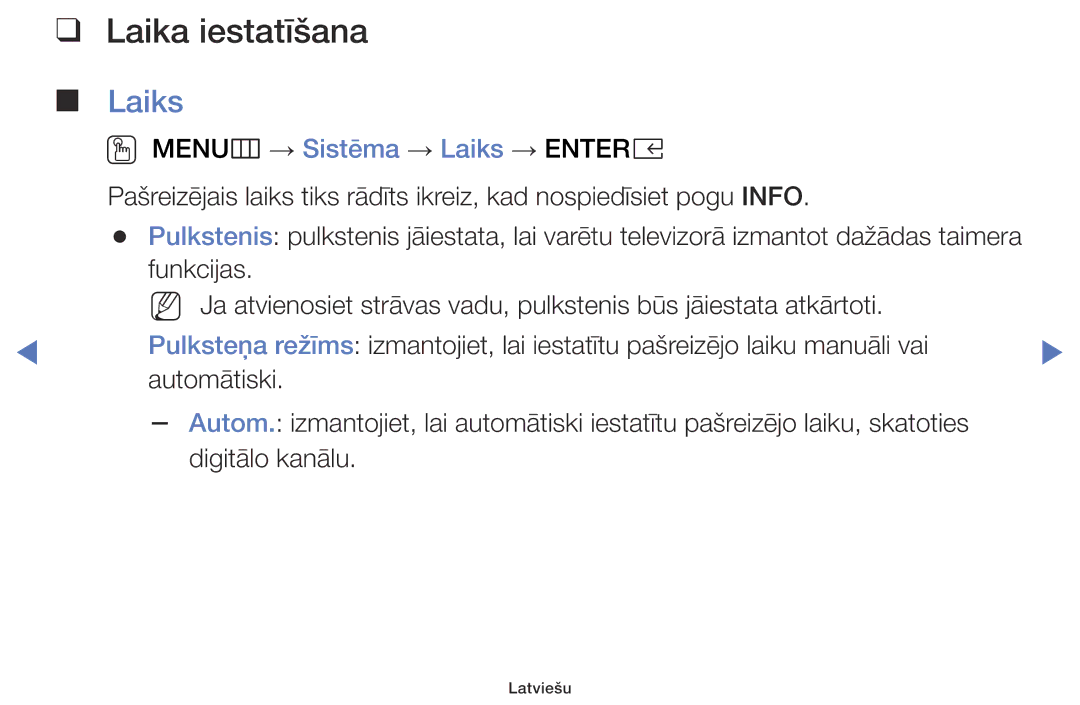 Samsung UE32K5102AKXBT, UE40K5102AKXBT, UE49K5102AKXBT manual Laika iestatīšana, Laiks 