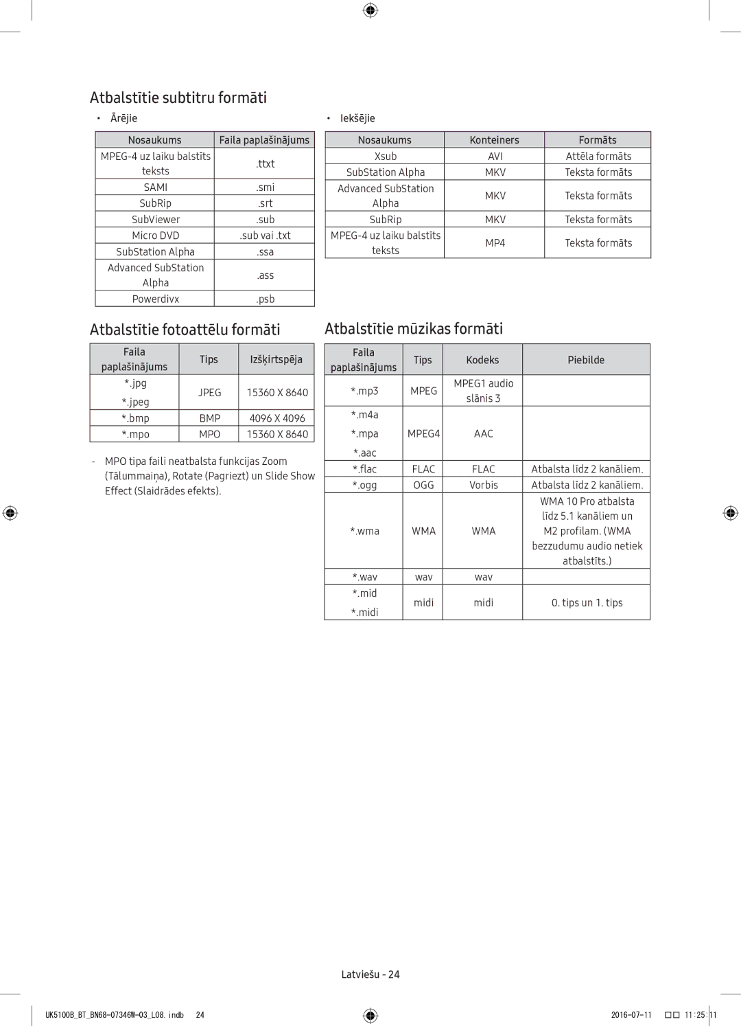 Samsung UE40K5102AKXXH manual Atbalstītie subtitru formāti, Atbalstītie fotoattēlu formāti, Atbalstītie mūzikas formāti 