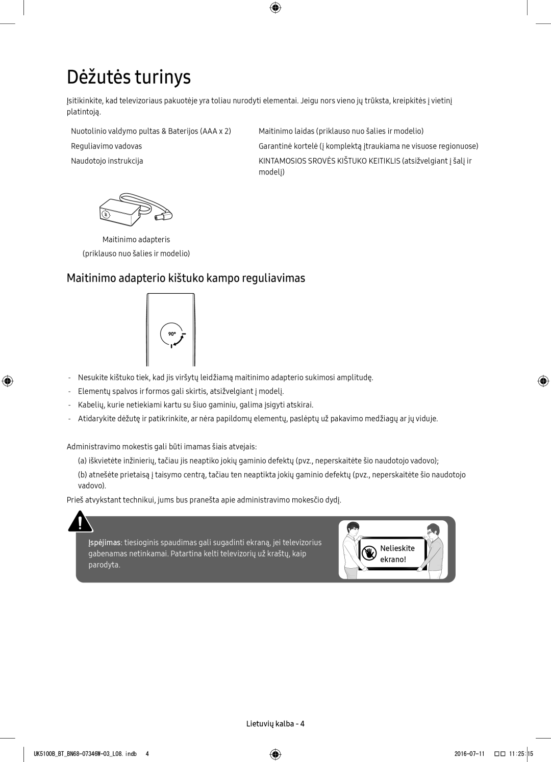 Samsung UE40K5102AKXXH Dėžutės turinys, Maitinimo adapterio kištuko kampo reguliavimas, Naudotojo instrukcija, Modelį 