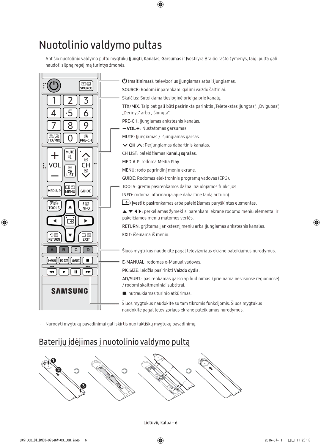 Samsung UE32K5102AKXXH, UE40K5102AKXXH manual Nuotolinio valdymo pultas, Baterijų įdėjimas į nuotolinio valdymo pultą 