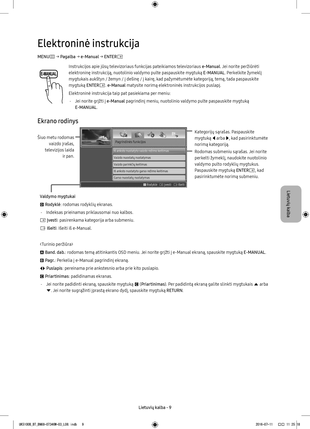 Samsung UE32K5102AKXBT manual Elektroninė instrukcija, Ekrano rodinys, MENUm→ Pagalba → e-Manual → Entere, Valdymo mygtukai 