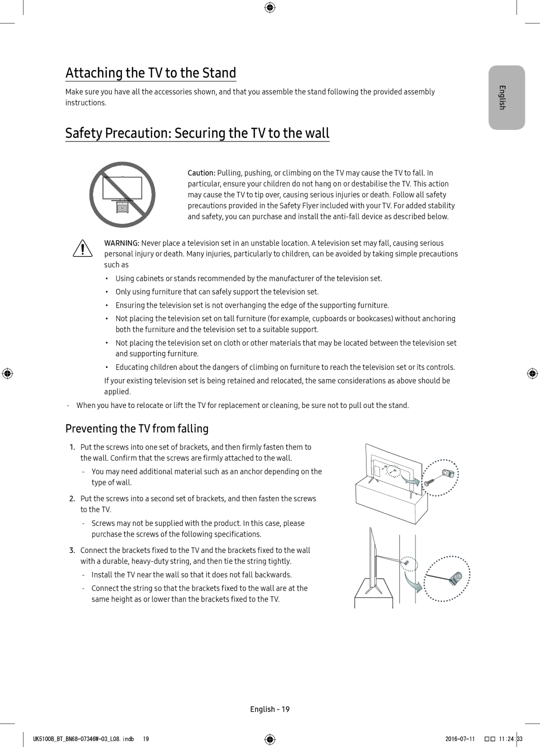 Samsung UE32K4102AKXXH, UE40K5102AKXXH manual Attaching the TV to the Stand, Safety Precaution Securing the TV to the wall 