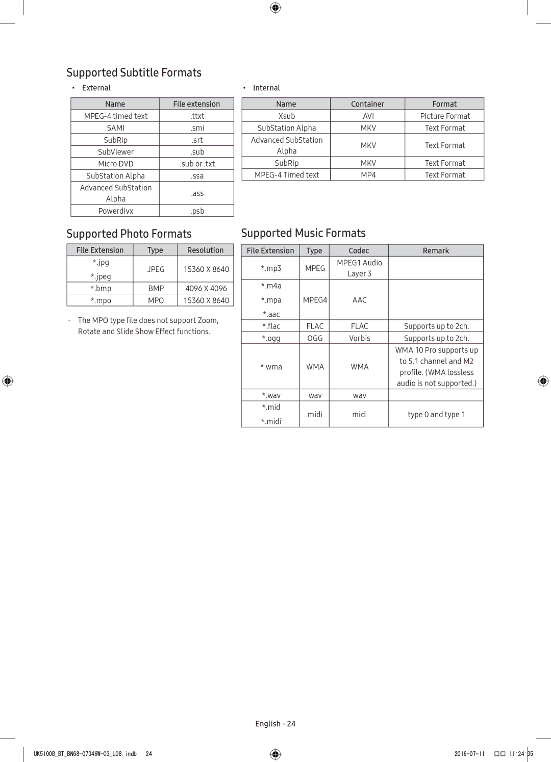 Samsung UE40K5102AKXXH, UE32K4102AKXXH manual Supported Subtitle Formats, Supported Photo Formats, Supported Music Formats 