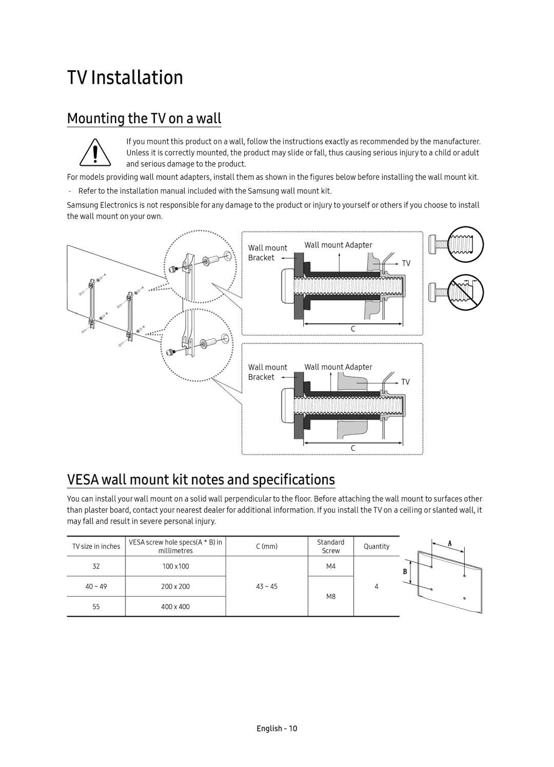 Samsung UE40K5510AKXZT manual TV Installation, Mounting the TV on a wall, Vesa wall mount kit notes and specifications 