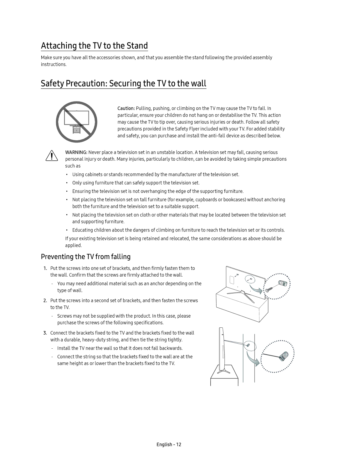 Samsung UE49K5500AKXZT, UE40K5500AKXXC manual Attaching the TV to the Stand, Safety Precaution Securing the TV to the wall 