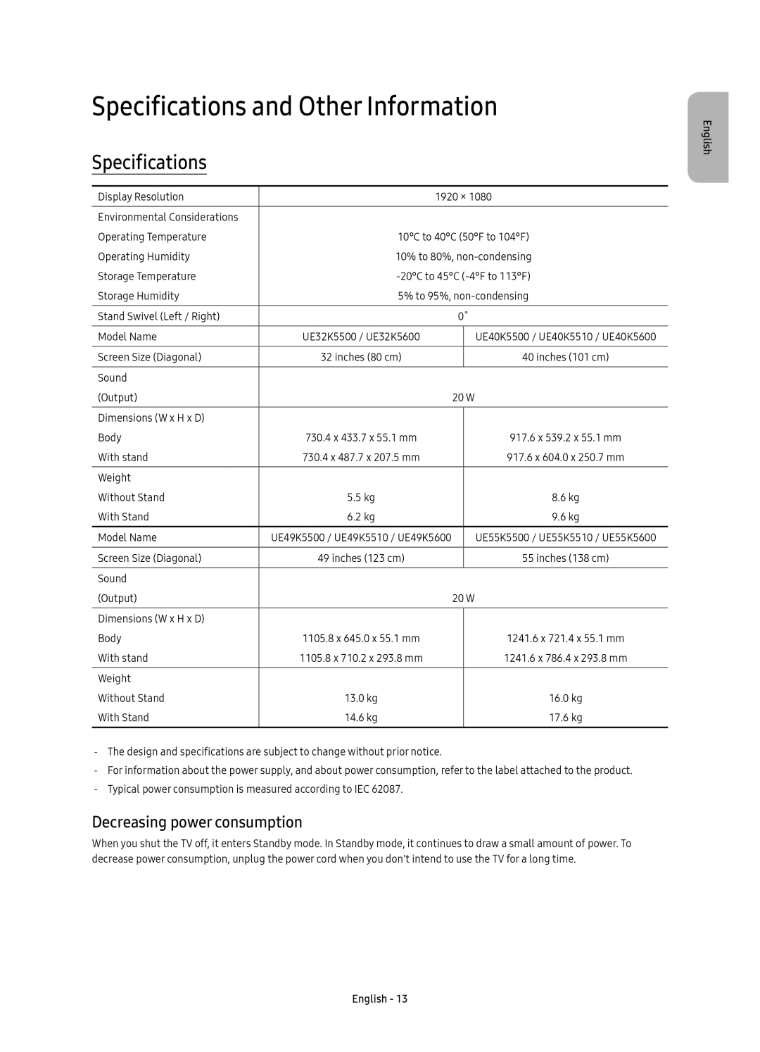 Samsung UE40K5500AKXZT, UE40K5500AKXXC, UE40K5500AKXZF Specifications and Other Information, Decreasing power consumption 