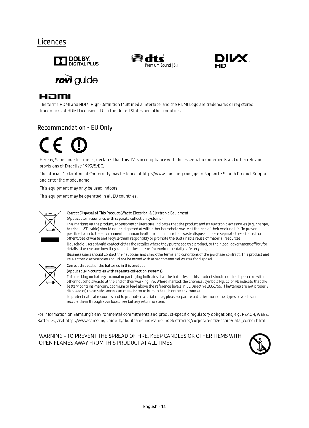 Samsung UE49K5510AKXZT, UE40K5500AKXXC, UE40K5500AKXZF, UE49K5600AKXZF, UE49K5510AKXZF manual Licences, Recommendation EU Only 