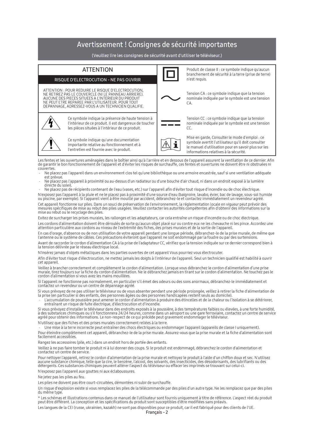 Samsung UE32K5500AKXXC, UE40K5500AKXXC, UE40K5500AKXZF manual Avertissement ! Consignes de sécurité importantes, Français 