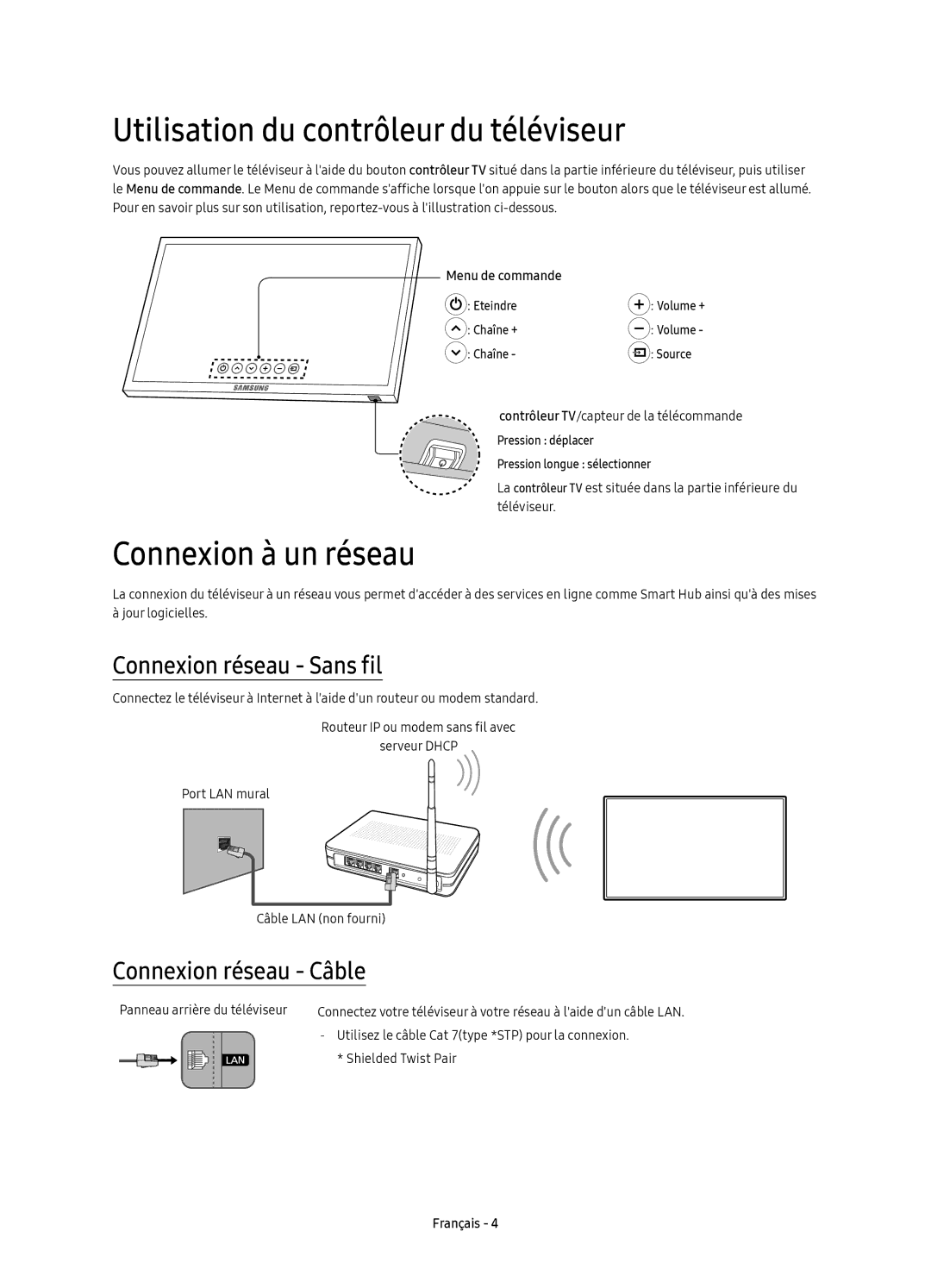 Samsung UE40K5510AKXXC manual Utilisation du contrôleur du téléviseur, Connexion à un réseau, Connexion réseau Sans fil 