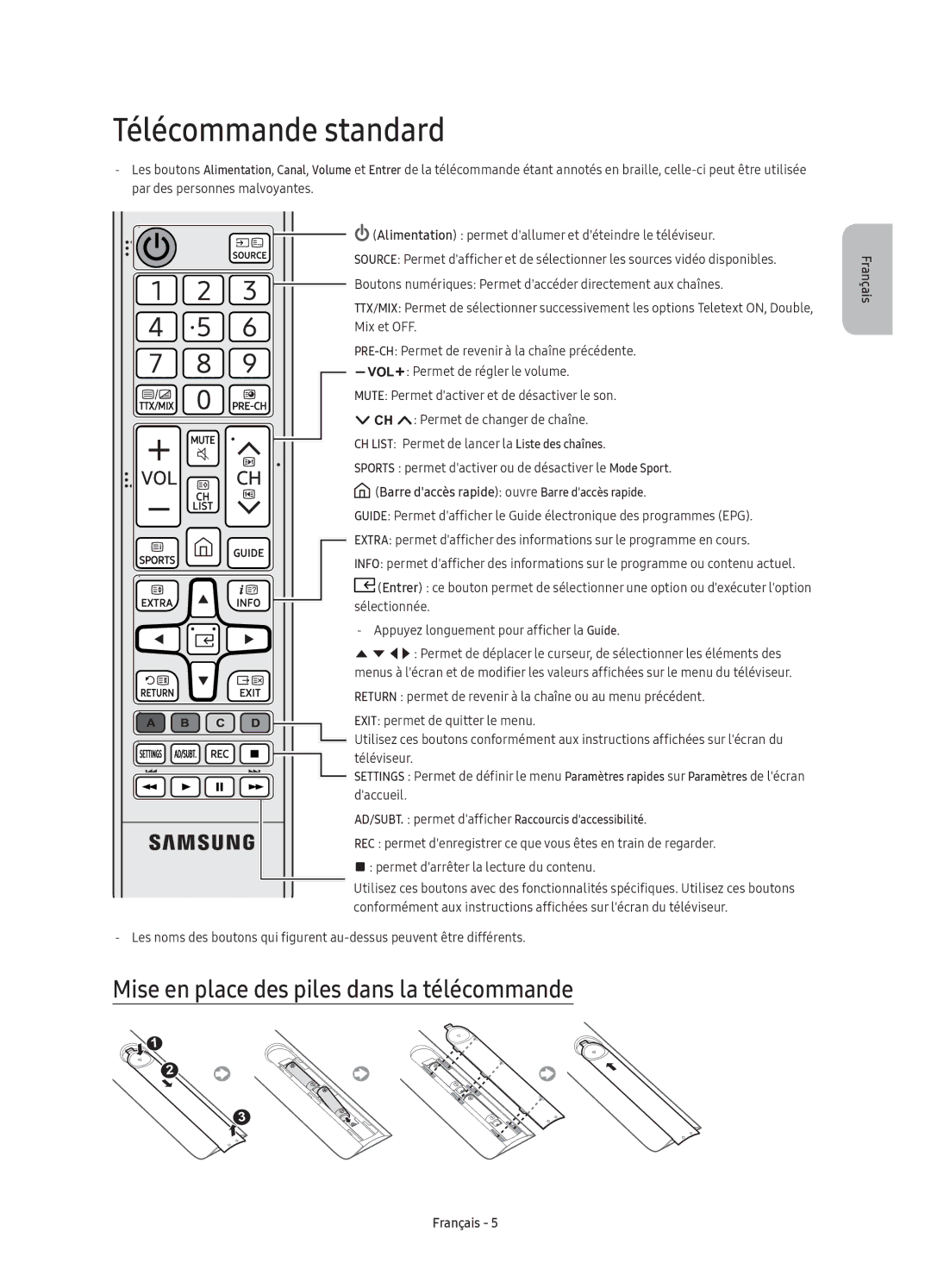 Samsung UE40K5600AKXXC, UE40K5500AKXXC, UE40K5500AKXZF Télécommande standard, Mise en place des piles dans la télécommande 