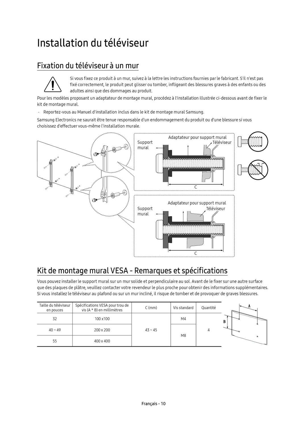 Samsung UE49K5510AKXXU, UE40K5500AKXXC, UE40K5500AKXZF manual Installation du téléviseur, Fixation du téléviseur à un mur 