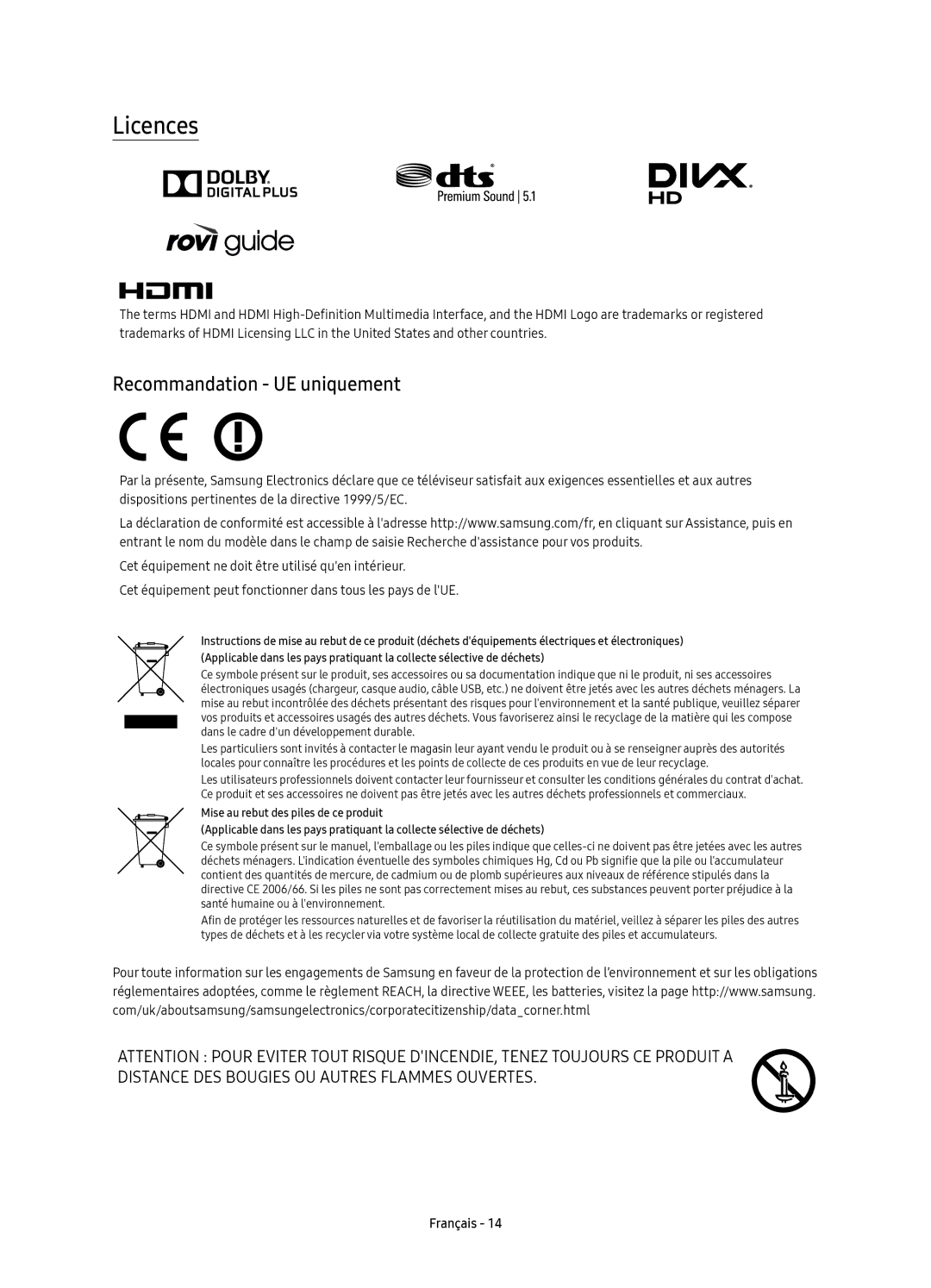 Samsung UE40K5500AKXXU, UE40K5500AKXXC, UE40K5500AKXZF, UE49K5600AKXZF, UE49K5510AKXZF Licences, Recommandation UE uniquement 