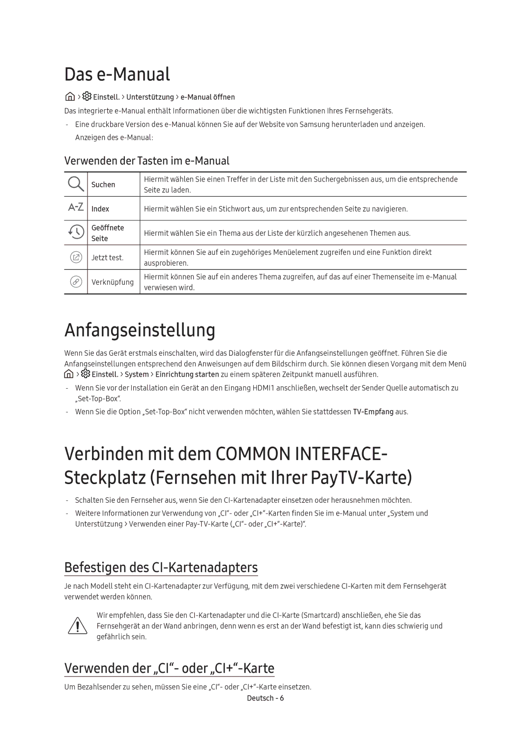 Samsung UE49K5510AKXZF, UE40K5500AKXXC, UE40K5500AKXZF Das e-Manual, Anfangseinstellung, Befestigen des CI-Kartenadapters 