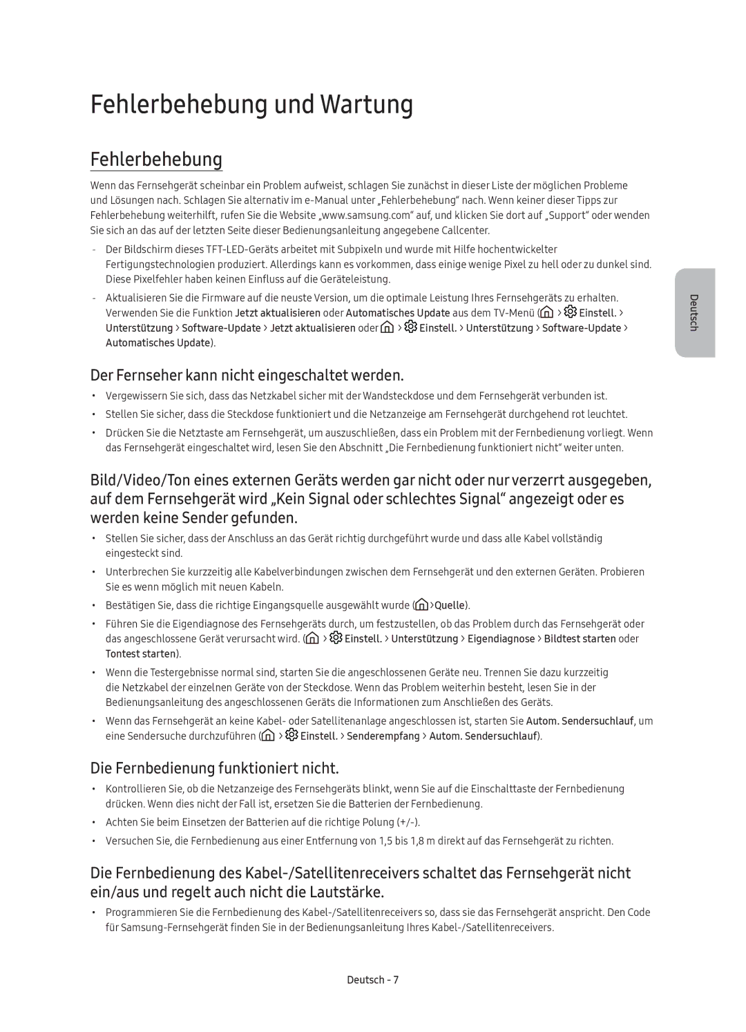 Samsung UE40K5510AKXZF, UE40K5500AKXXC manual Fehlerbehebung und Wartung, Der Fernseher kann nicht eingeschaltet werden 