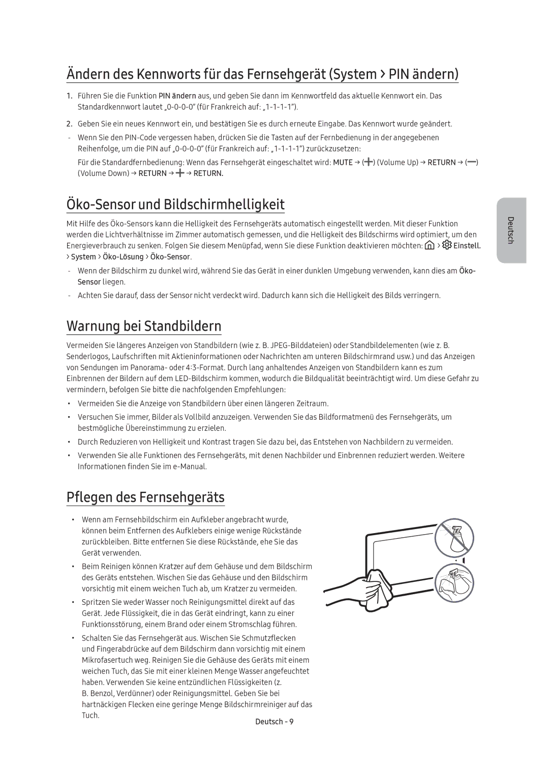 Samsung UE32K5600AKXZF manual Öko-Sensor und Bildschirmhelligkeit, Warnung bei Standbildern, Pflegen des Fernsehgeräts 