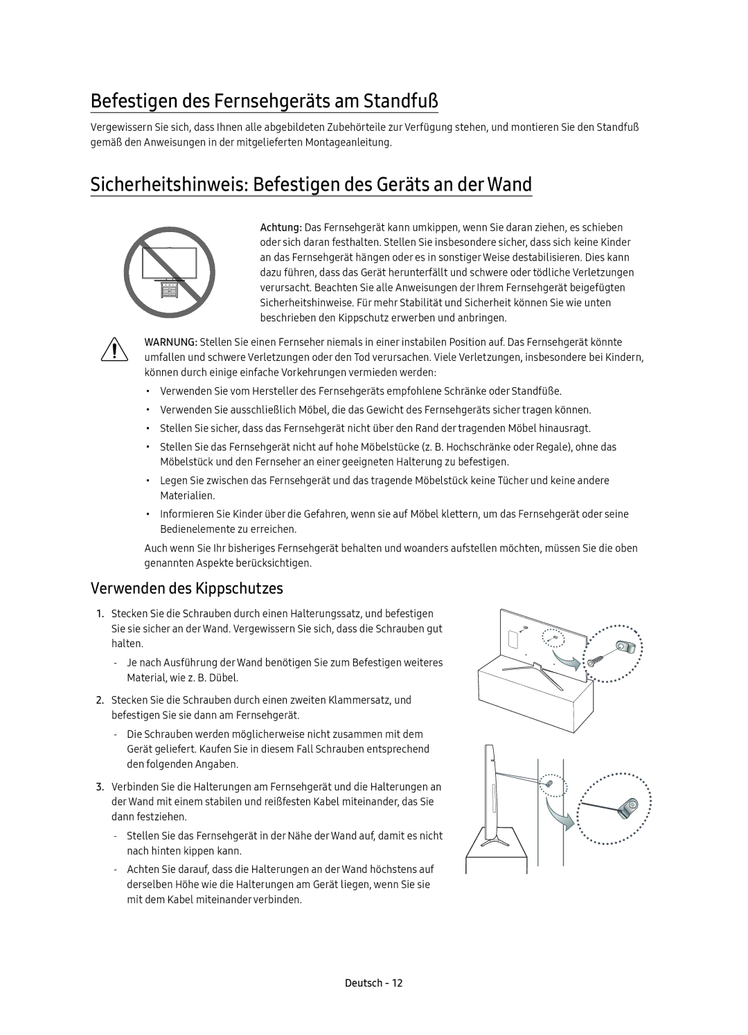 Samsung UE40K5600AKXZT Befestigen des Fernsehgeräts am Standfuß, Sicherheitshinweis Befestigen des Geräts an der Wand 