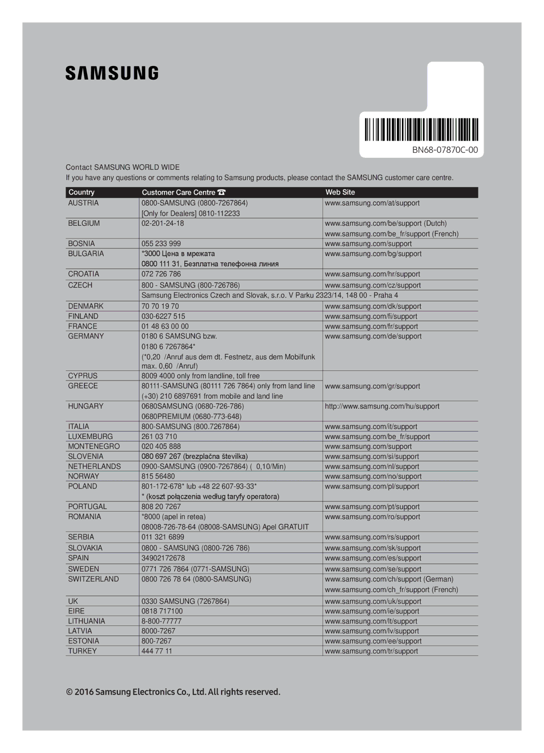 Samsung UE40K5500AKXZT, UE40K5500AKXXC, UE40K5500AKXZF, UE49K5600AKXZF, UE49K5510AKXZF, UE40K5510AKXZF manual BN68-07870C-00 