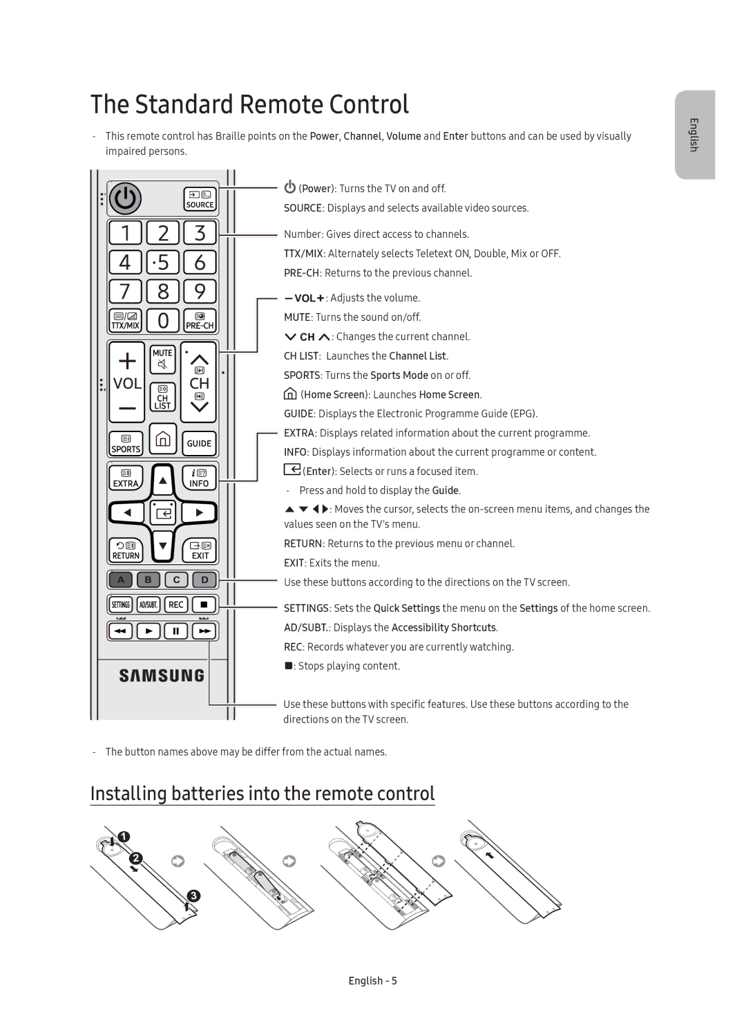 Samsung UE40K5600AKXZF, UE40K5500AKXXC manual Standard Remote Control, Installing batteries into the remote control 