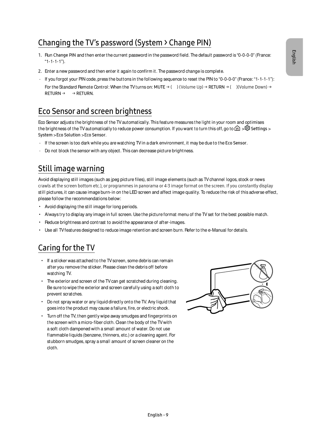 Samsung UE40K5600AKXZT Changing the TV’s password System Change PIN, Eco Sensor and screen brightness, Still image warning 