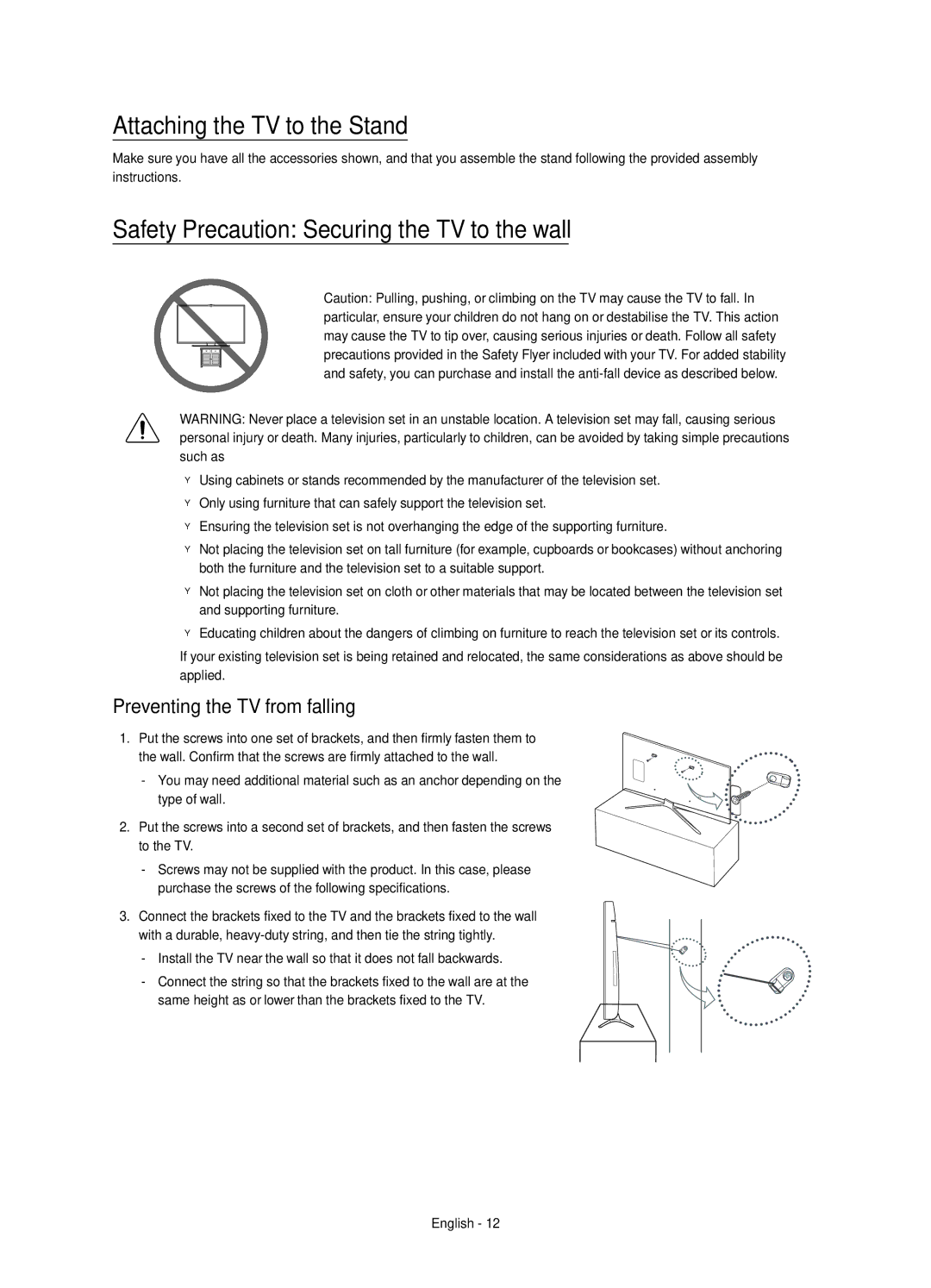 Samsung UE40K5500AKXXC, UE49K5570SUXXC manual Attaching the TV to the Stand, Safety Precaution Securing the TV to the wall 