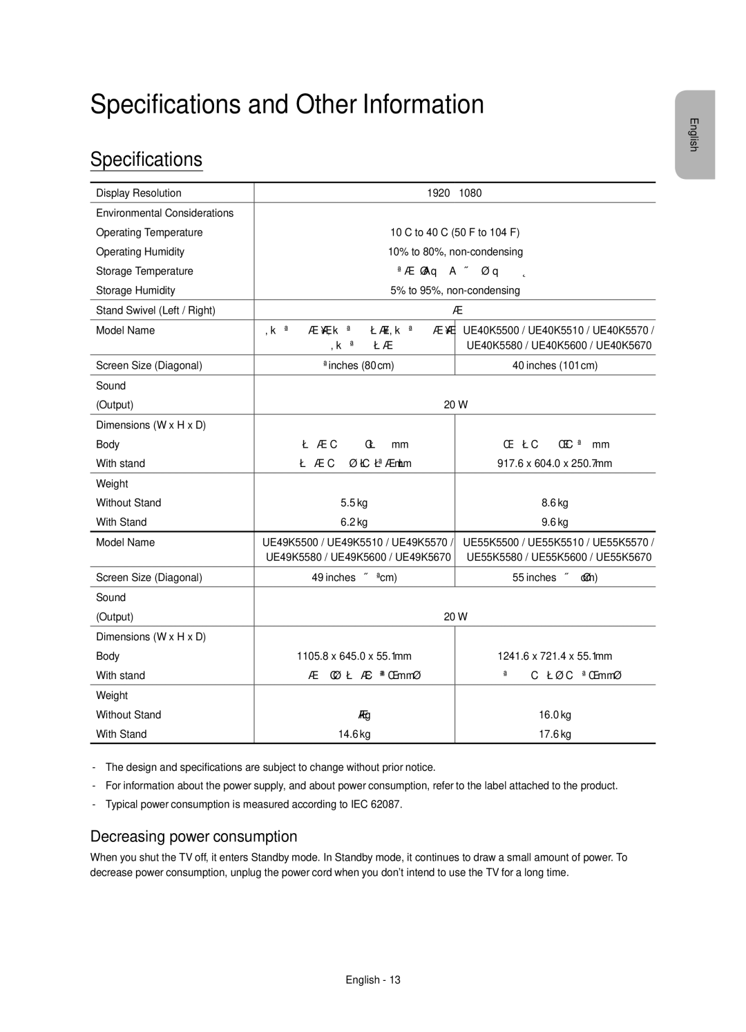 Samsung UE49K5570SUXXC, UE40K5500AKXXC, UE40K5570SUXXC Specifications and Other Information, Decreasing power consumption 