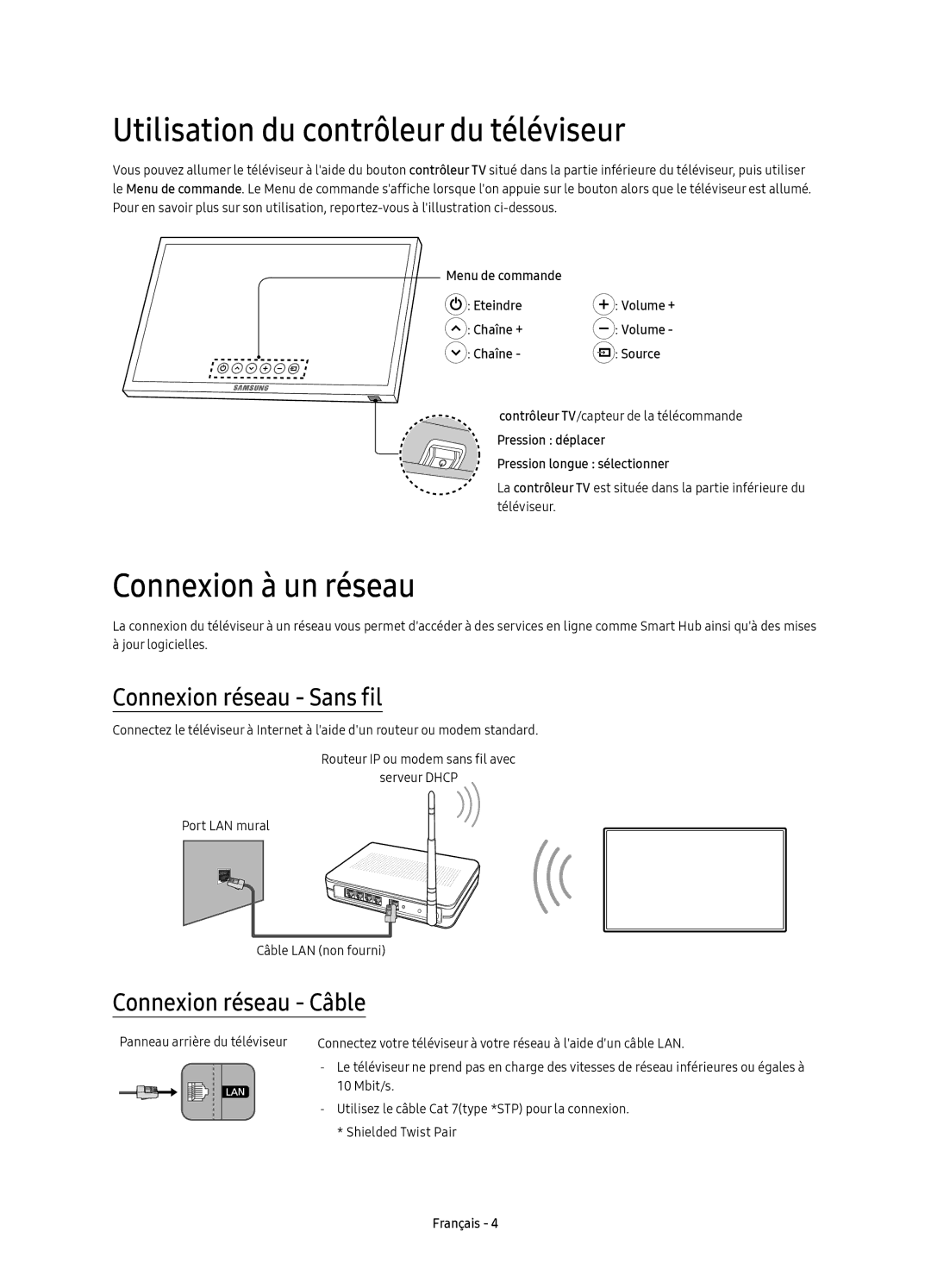 Samsung UE40K5510AKXXC manual Utilisation du contrôleur du téléviseur, Connexion à un réseau, Connexion réseau Sans fil 