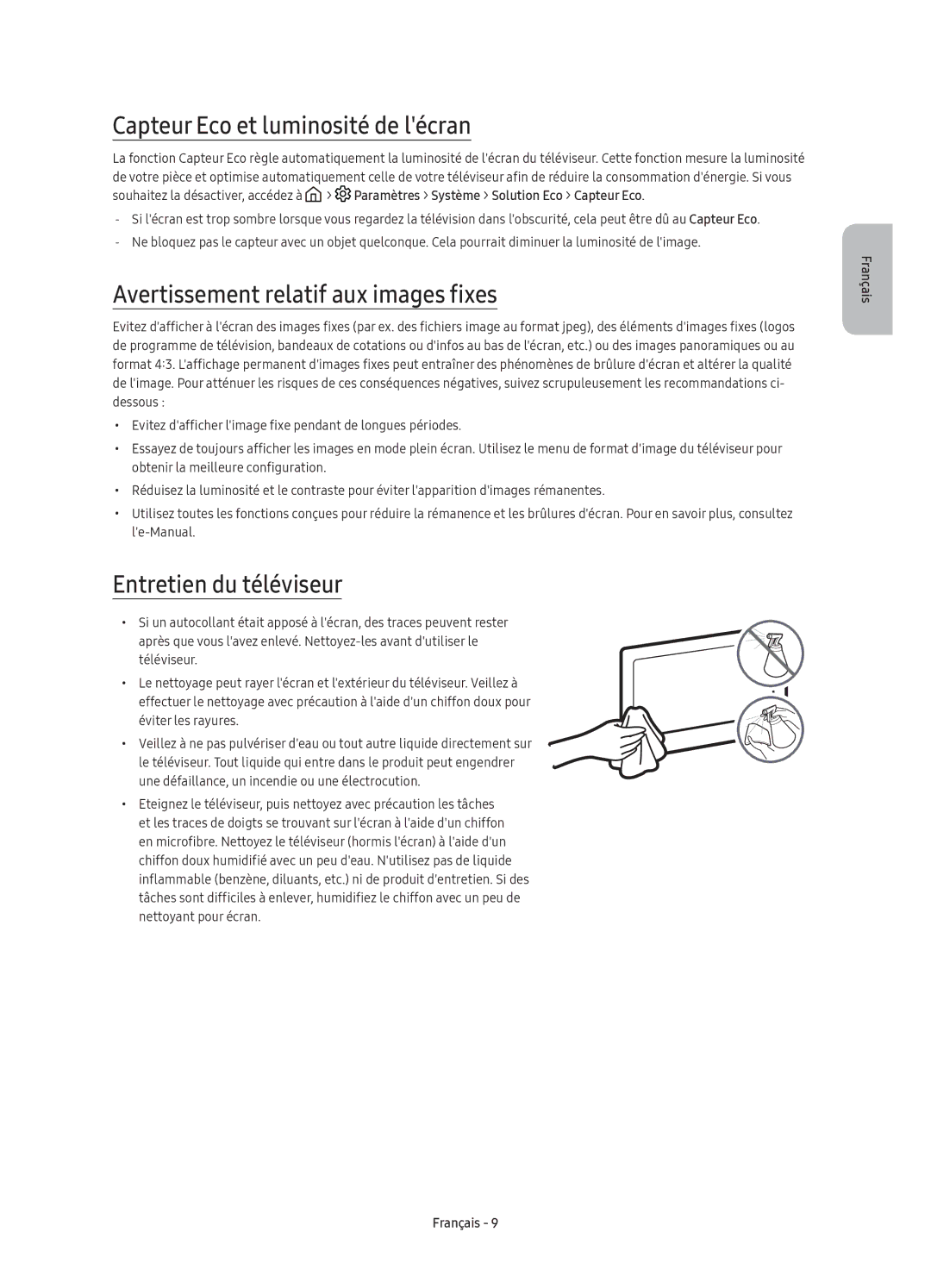 Samsung UE49K5500AKXXC, UE40K5500AKXXC manual Capteur Eco et luminosité de lécran, Avertissement relatif aux images fixes 