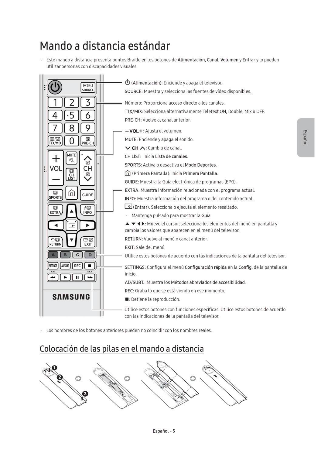 Samsung UE40K5600AKXXC, UE40K5500AKXXC manual Mando a distancia estándar, Colocación de las pilas en el mando a distancia 