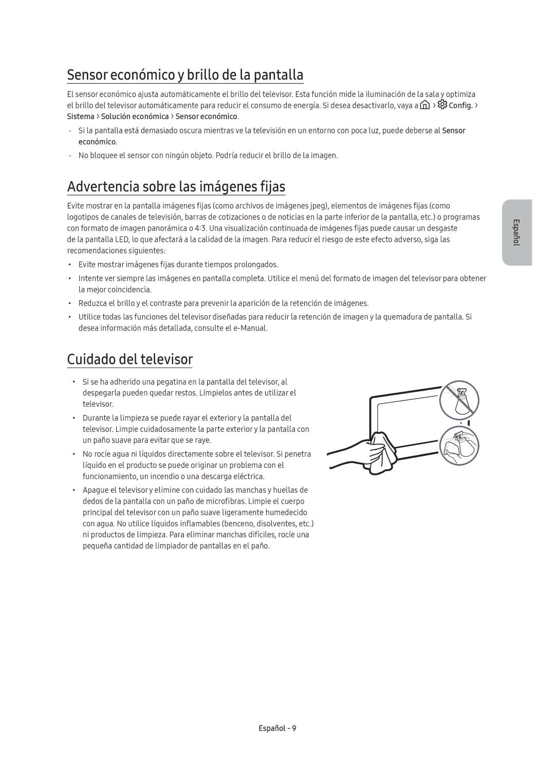 Samsung UE49K5570SUXXC, UE40K5500AKXXC manual Sensor económico y brillo de la pantalla, Advertencia sobre las imágenes fijas 