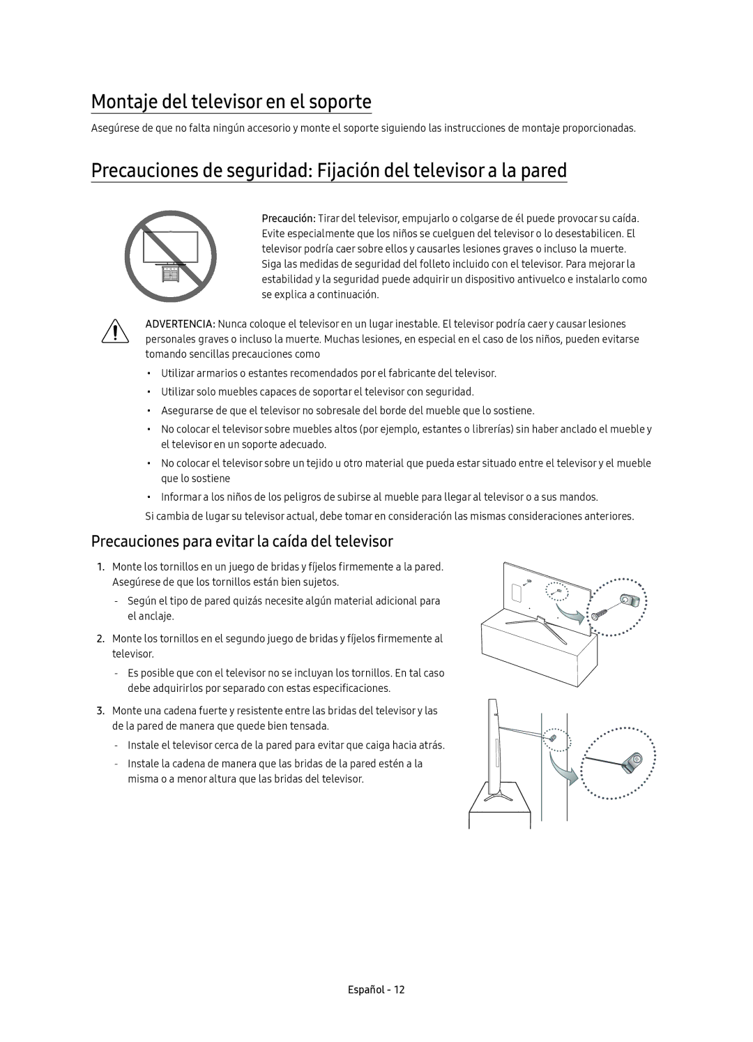 Samsung UE32K5500AKXXC Montaje del televisor en el soporte, Precauciones de seguridad Fijación del televisor a la pared 