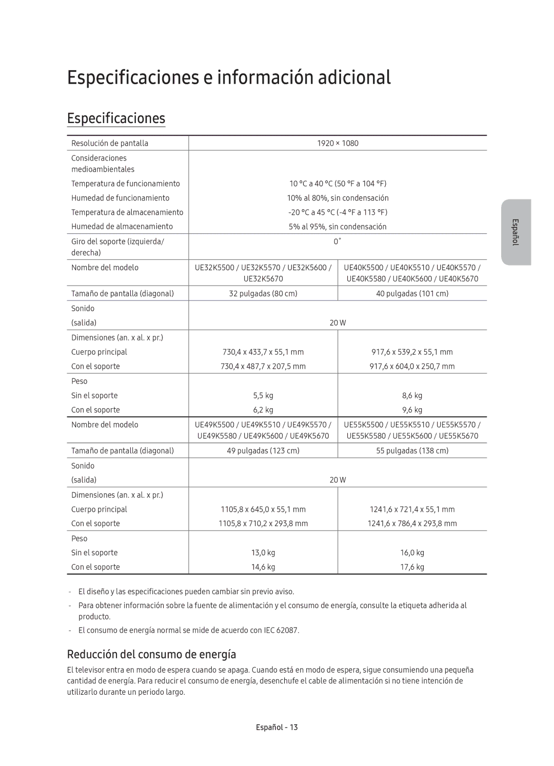 Samsung UE49K5510AKXXC, UE40K5500AKXXC manual Especificaciones e información adicional, Reducción del consumo de energía 