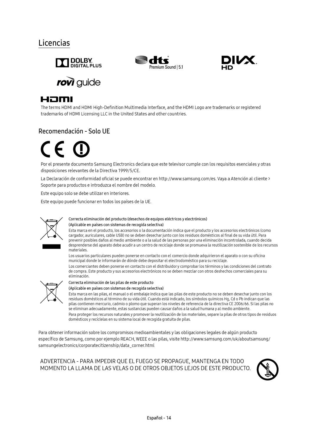 Samsung UE40K5510AKXXC, UE40K5500AKXXC, UE49K5570SUXXC, UE40K5570SUXXC, UE55K5600AKXXC manual Licencias, Recomendación Solo UE 